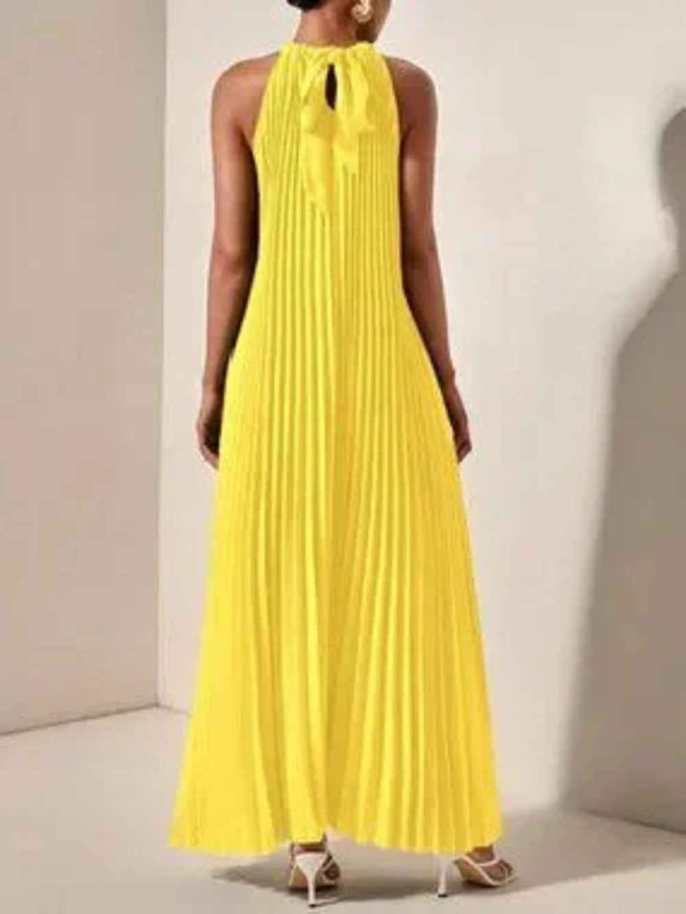 ZARA Yellow Casual Women's Halterneck Pleated A-Hem Loose Maxi dress